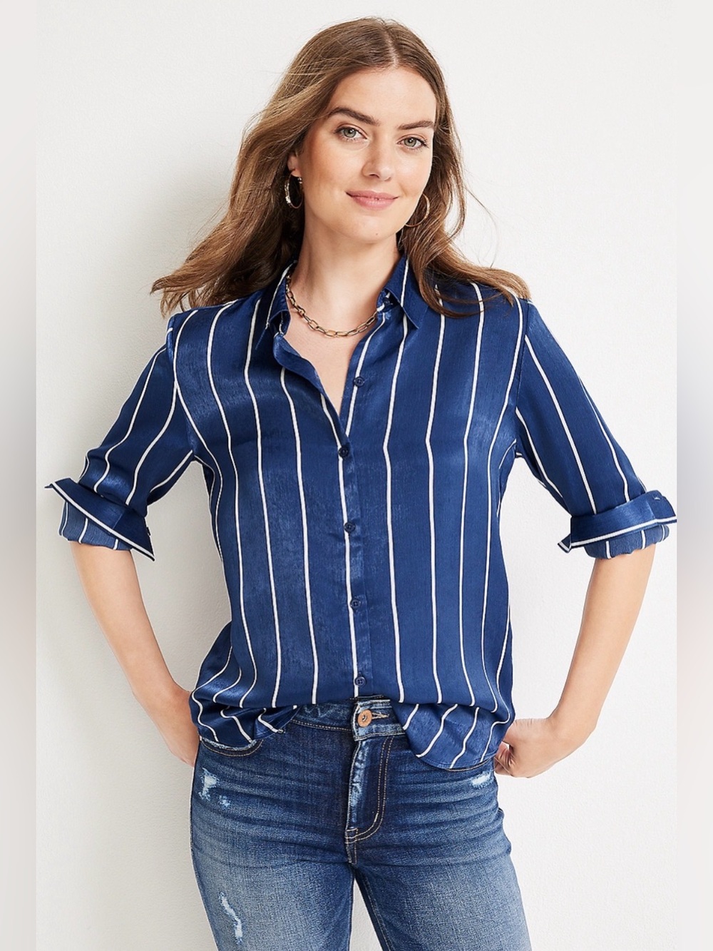 Maurices Blue and White Vertical Stripe Button-Down Shirt